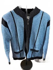 Vintage South Cotton Hand Loomed Blue and Black Zip-Up Sweater, Size Large