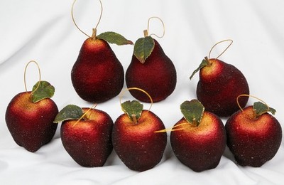 [Set of 8] Sugar Look  Faux Fruit 5 Apples 3 Pears Burgundy Christmas Ornaments