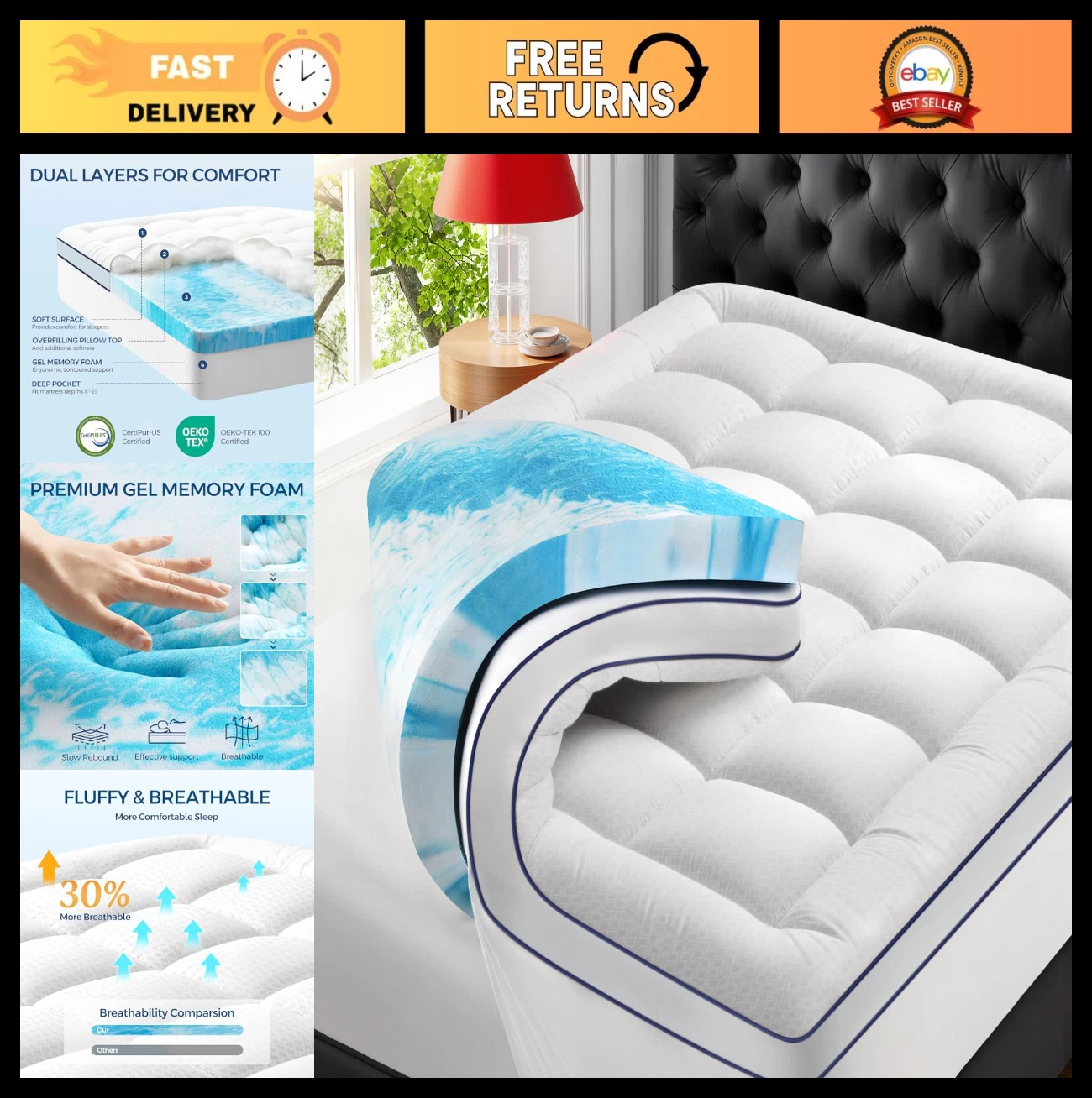 4-Inch Dual Layer Memory Foam Mattress Topper - Gel & Pillow Top for Back Pain,