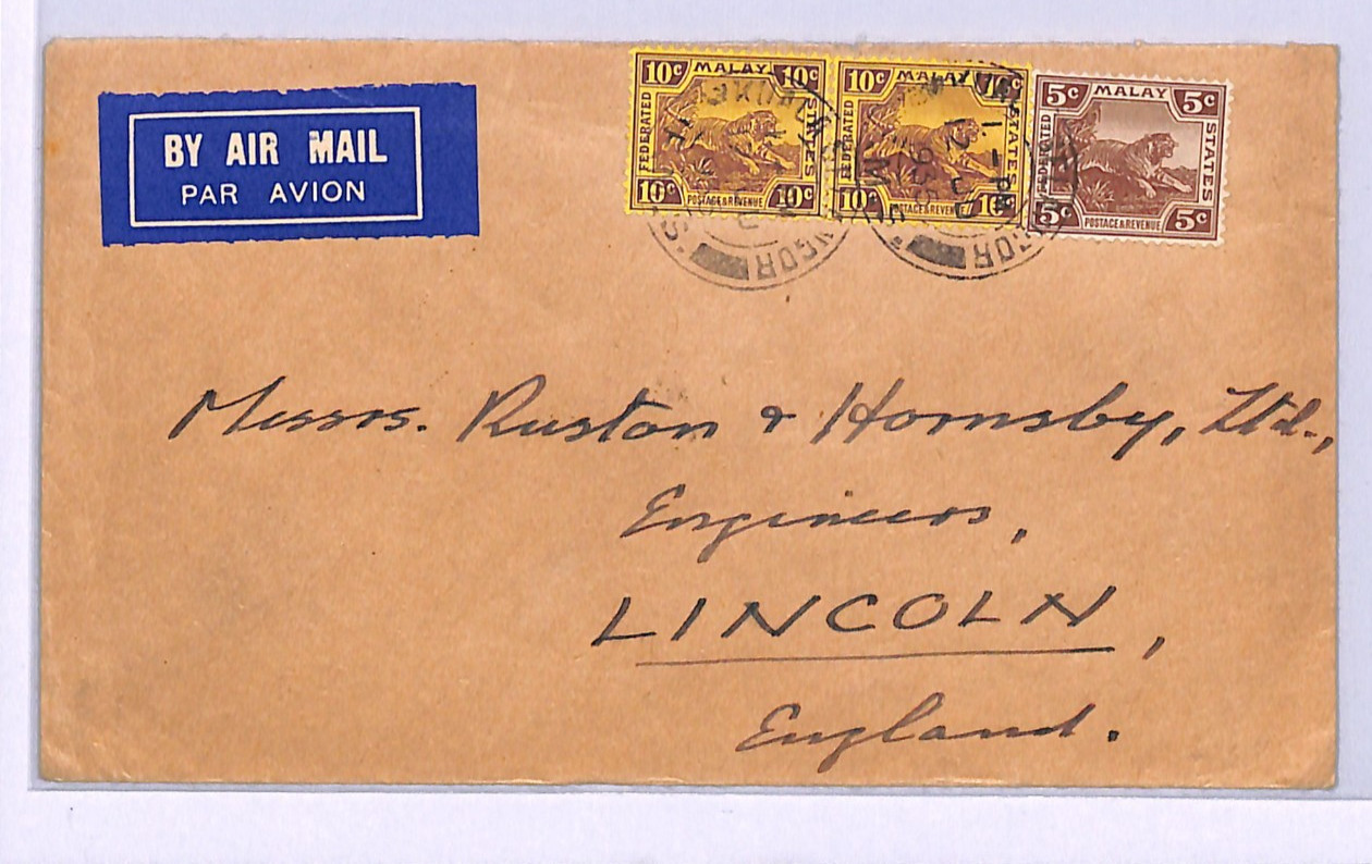MALAYA FMS TIGER Cover 25c Rate FRANKING Air Mail Kuala Lumpur 1935 Lincoln WM53