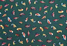 1 Yard Timeless Treasures Fishing Lure Bait BTY Green 100 Cotton Sewing Fabric