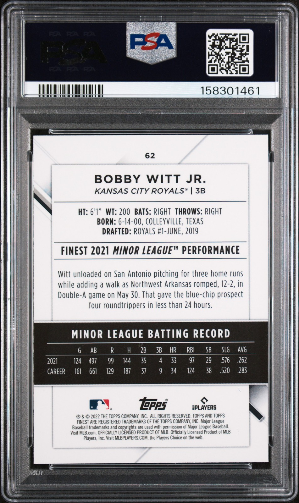 2022 TOPPS FINEST #62 BOBBY WITT JR. ROOKIE RC PSA 10 view 2