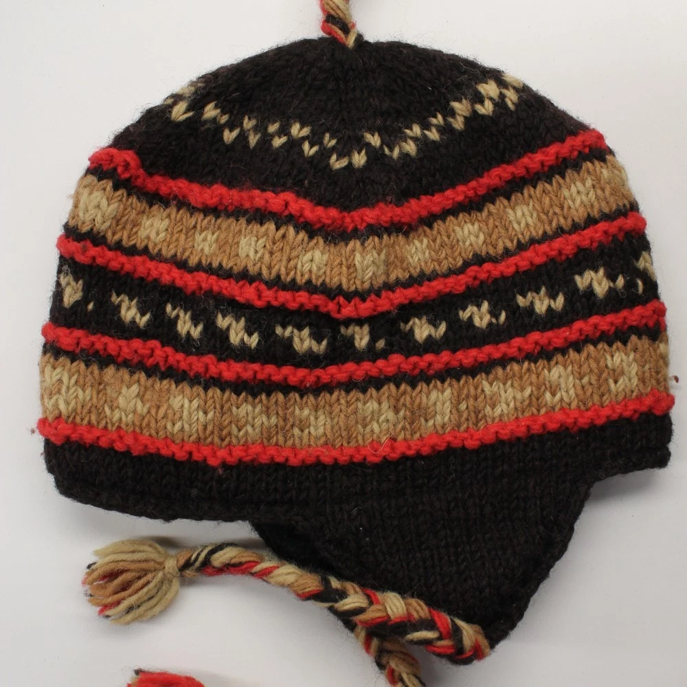 Brown stripe knit winter earflap cap WOOL made in Nepal