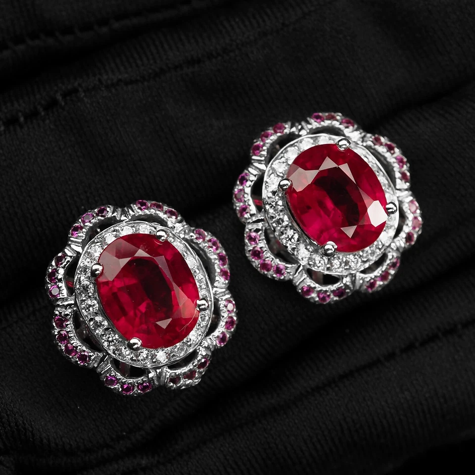 Sontuosi orecchini placcati oro bianco in argento sterling 925 con rubino... - Immagine 3 di 4