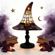Stained Glass Witch Hat Lamp,USB Powered Gothic Wizard Hats Night Light, Vintage
