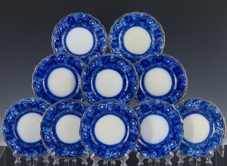 FINE SET OF 10 ANTIQUE RIDGWAY JOSEPHINE PATTERN FLOW BLUE SIDE DESSERT PLATES