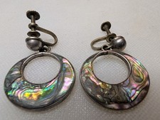 Vintage Taxco Mexico Sterling Silver Eagle 3 Abalone Inlay Dangle Earrings