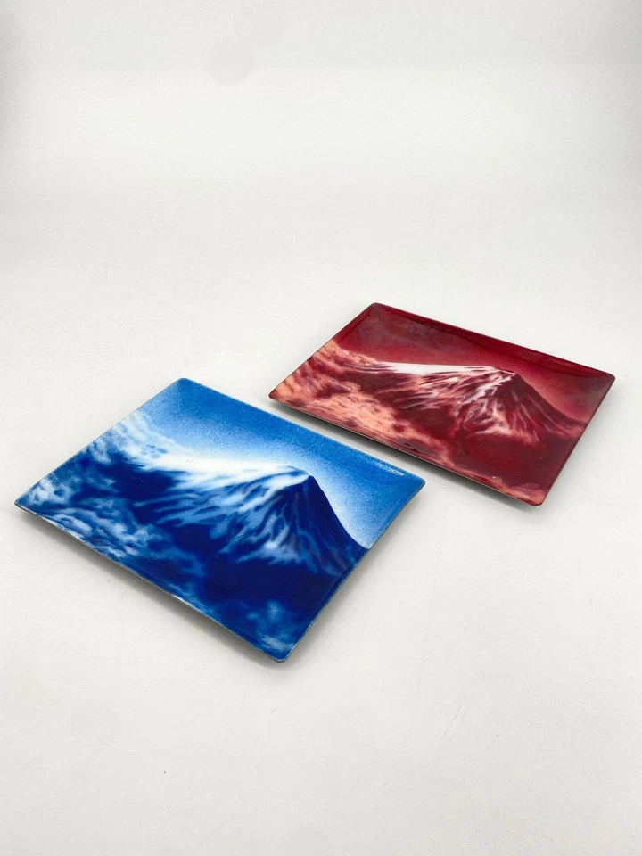 * 2ER SET TUTANKA EMAILLE METALL TABLETTS PLATTEN JAPAN FUJI 1976