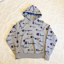 Champion Reverse Weave Hooded Sweatshirt Small Gray All Over Logo Print Hoodie