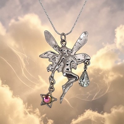 Vintage Fairy Pixie Pendant Necklace Large Dangle Crystals Tinkerbell Ethereal 