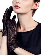 Women Winter Lambskin Touch Leather Gloves 6.5"/S Dark Brown - Small Knot