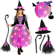 Witch Costume Kids Light Up Halloween Dress with Hat and Broom for Girls