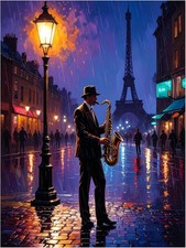 Tile Mural Paris Eiffel Tower Jazz Musician, Rainy Night Kitchen Wall Backsplash