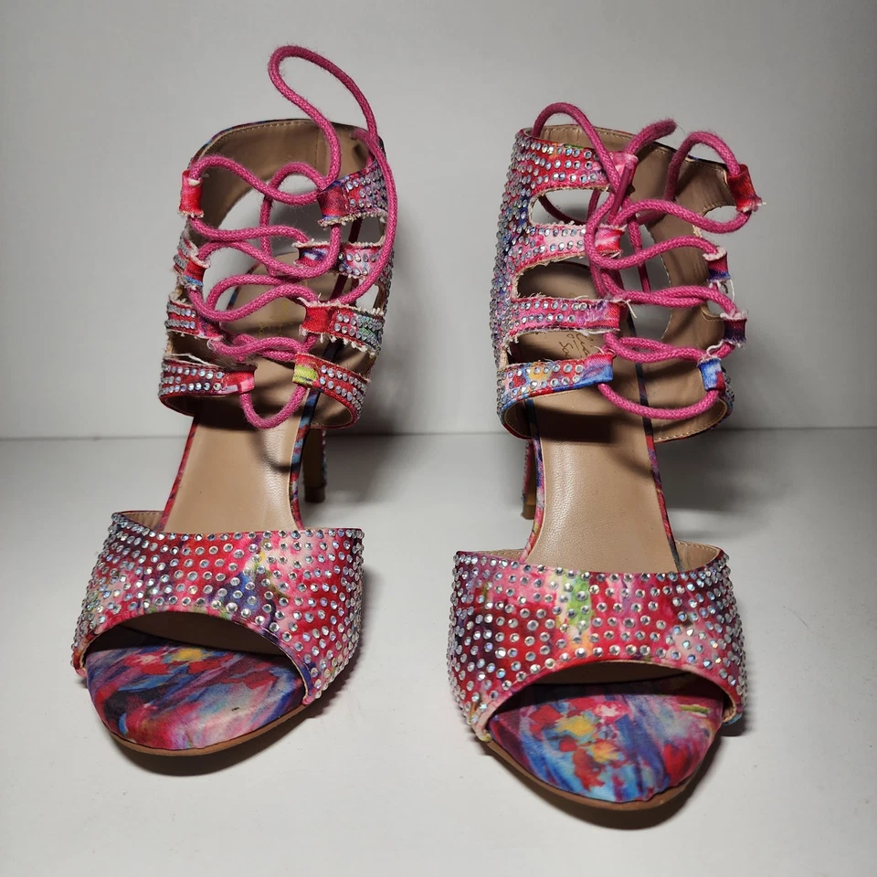 Sandálias com cadarço Thalia Sodi Rhumba strass tamanho 6 rosa-multi-floral - Imagem 3 de 4