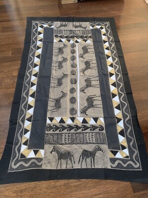 Beautiful African batik fabric art w/zebras, 8' x 4'10'', brown/gold/white.