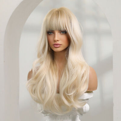 Long Body Wavy Ombre Platinum Blond Natural Fanshion Wigs with Bangs Hair Daily