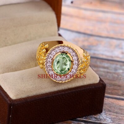 Natural Green Amethyst Gemstone With 18K Gold Plated Silver Ring For Men's #1204