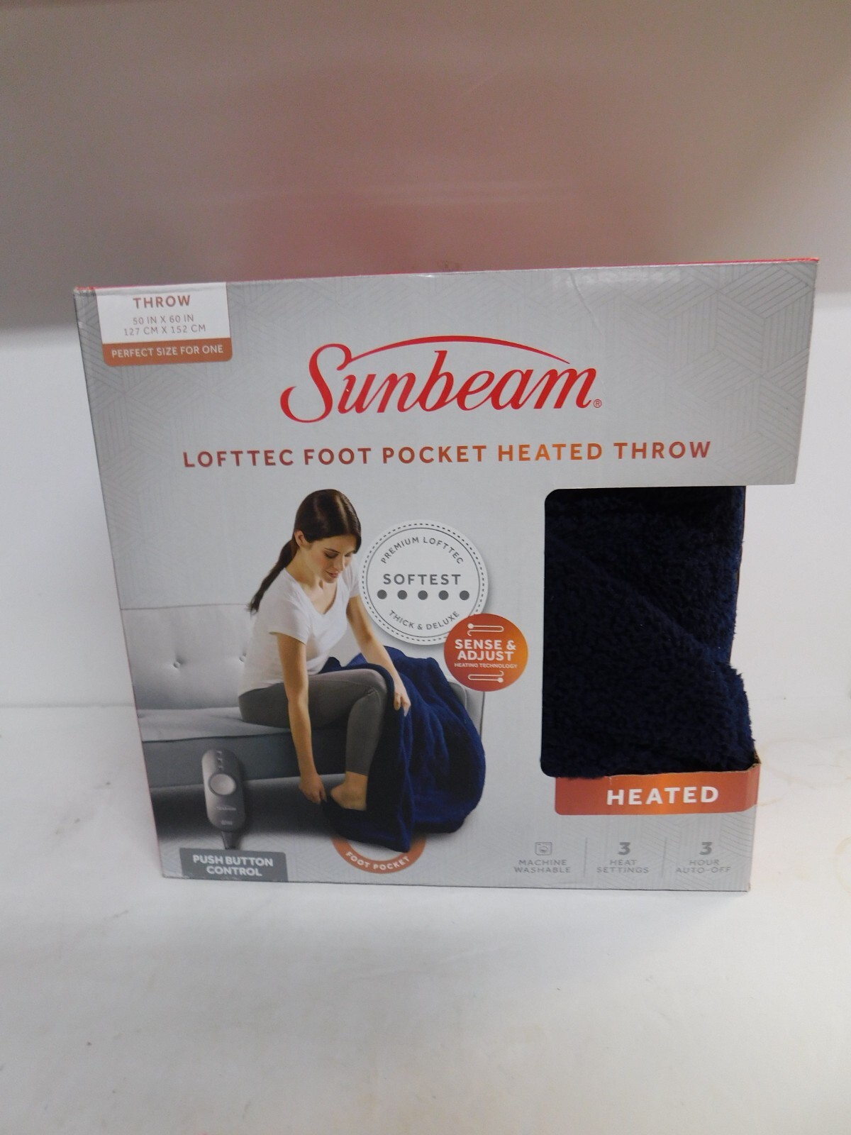 Sunbeam Lofttec Foot Pocket Heated Throw w/3Heat SettingNavyNew in Box eBay