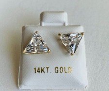 14k Solid Yellow Gold 2.0ct Trillion Cut Cubic Zirconia Solitaire Post Earrings