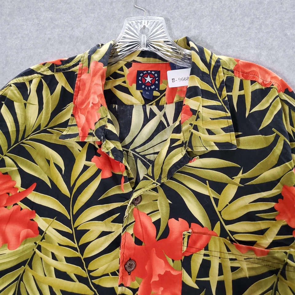 Camisa Panhandle Slim Hombres Abotonada XL Verde Floral Estampado de Hojas Cuello Hawaiano Foto 3 de 4