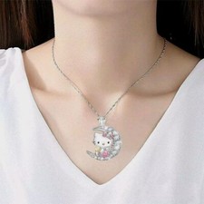 Hello kitty Silver Crescent Moon Crystal Rhinestone Pendant Necklace New