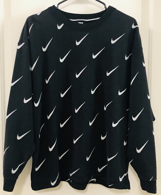 Nike Women s All Over White Swoosh Black Crew Sweatshirt Size S