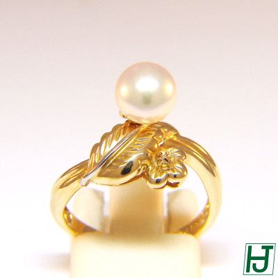 Neu Blatt Design Diamant & baumelnde Perlen Ring in 14k 2-Tone Gold, Größe 6,25