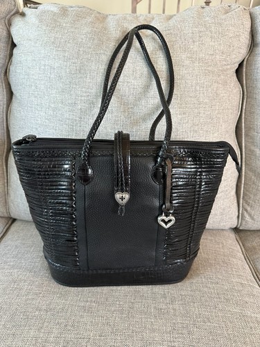 Brighton Suzette Black Pebbled Woven Leather Shoulder Bag Tote