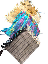 3 Vintage Rayon Fringed SCARVES Gray, Tan, Multi 30''sq all nice