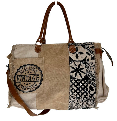 Vintage-Style Myra Bags Water Stop Weekender Tote Woven Canvas/Leather Handles