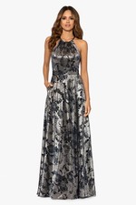 Betsy  Adam Navy Blue Gunmetal Metallic Floral Halter Gown Size 12P 279
