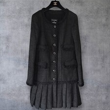 Chanel Karl Lagerfeld Tweed Coat Dress Pleated Trim Jewel Buttons Size 38