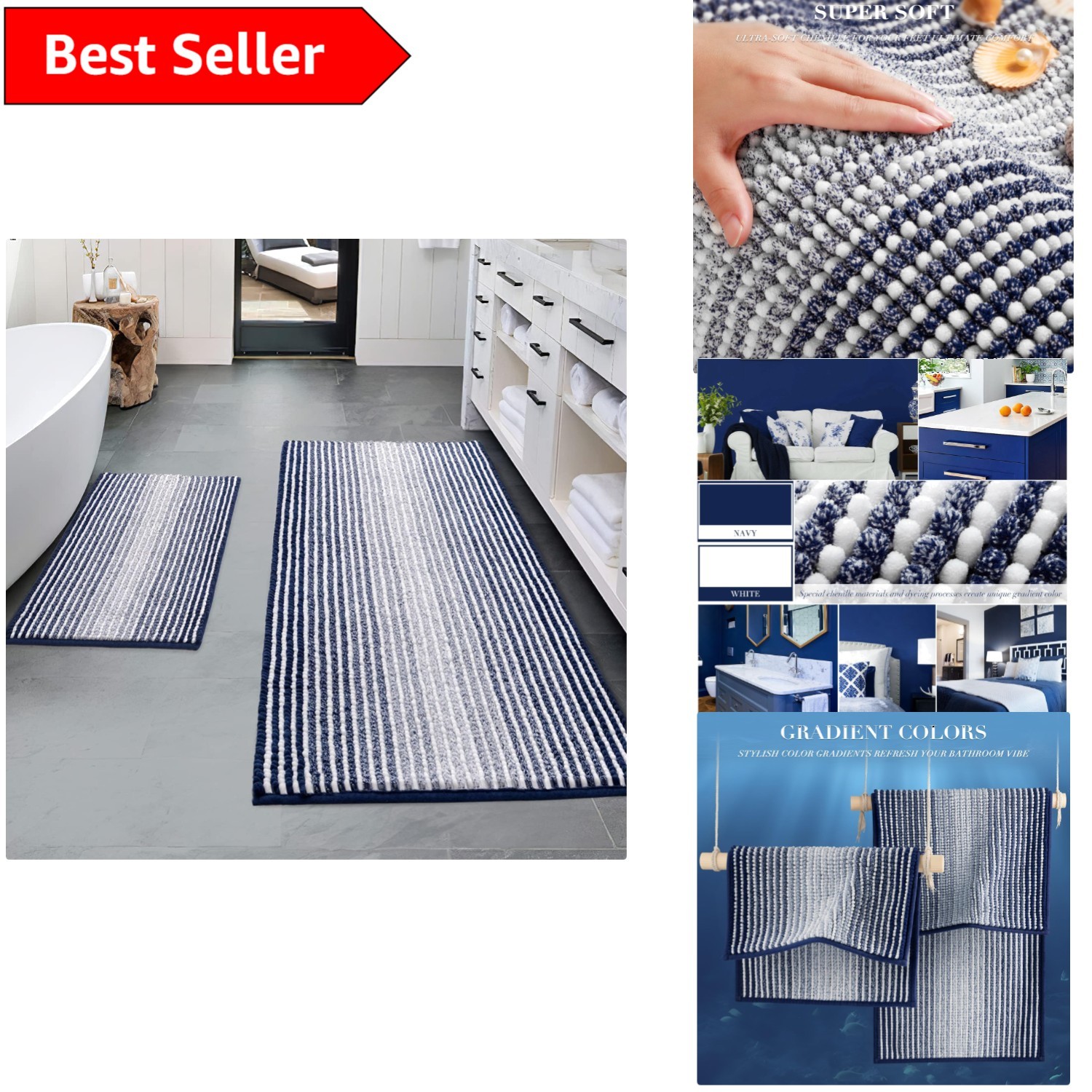 Absorbent Chenille Bathroom Rug Set - Navy 20x47 & 16x24 - 2-Piece