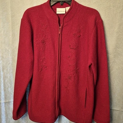 Vtg Alfred Dunner Boiled Wool Full Zip Cardigan Jacket Red Large Grandmacore - Image 1 of 4