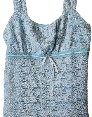 Y2K VTG Fashion Bug Babydoll Cami Top Sz Med Teal Fairy Coquette Bow Dainty Lace