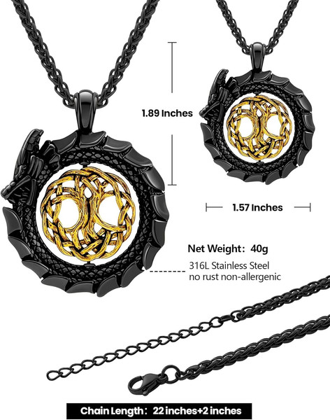 Alternate view of Dragon Necklace 18k Gold Plated/black Metal/stainless Norse Tree Life