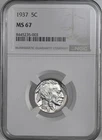1937-P  5C BUFFALO NICKEL   "PHILADELPHIA MINT"   NGC MS67  #8445235-003