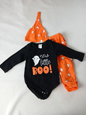Halloween Ghost Print 3pc Outfit Set Bodysuit Pants Hat 18-24M
