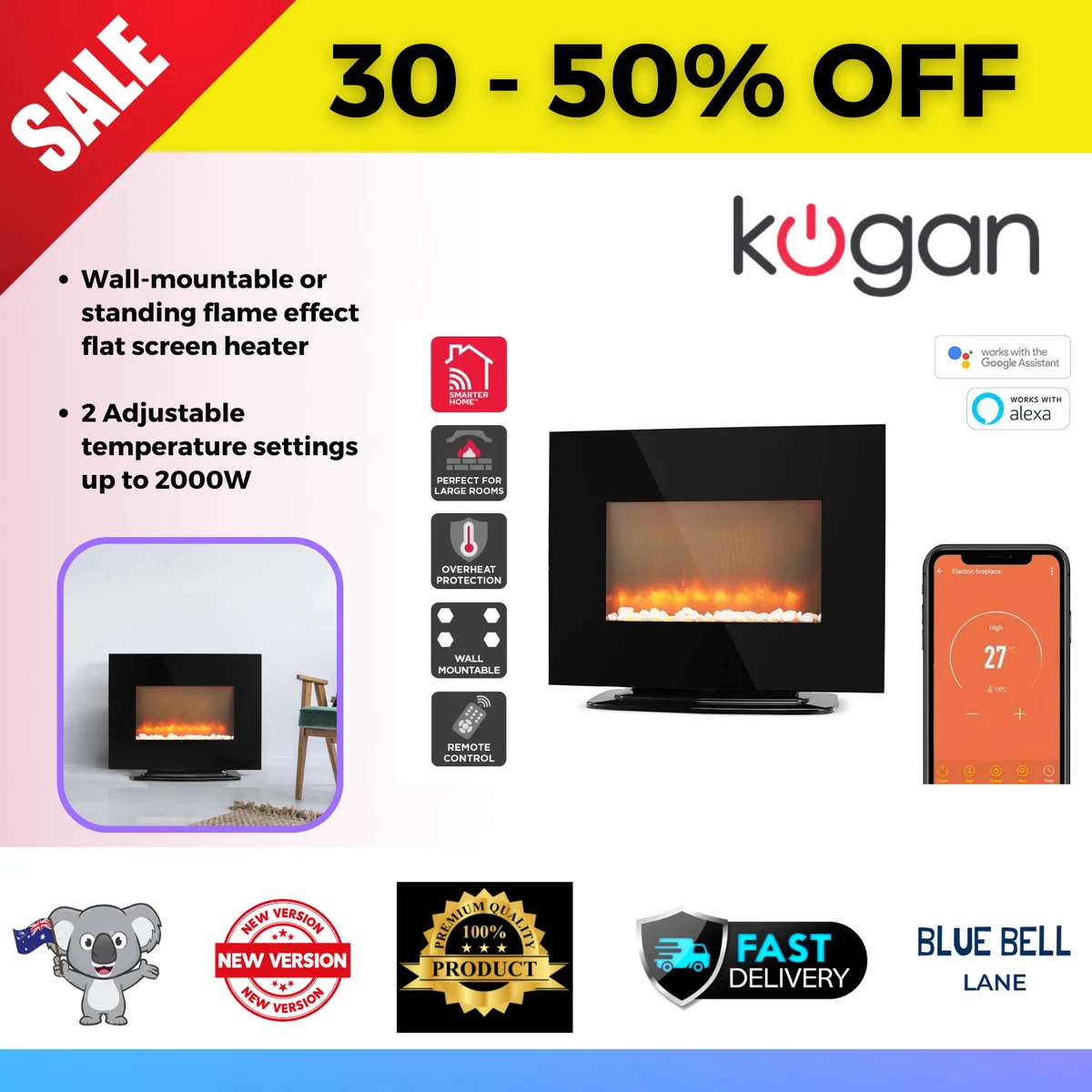 Kogan SmarterHome™ 2kW Multi-Colour Flame Effect Smart Heater (Black) with  Stand | eBay