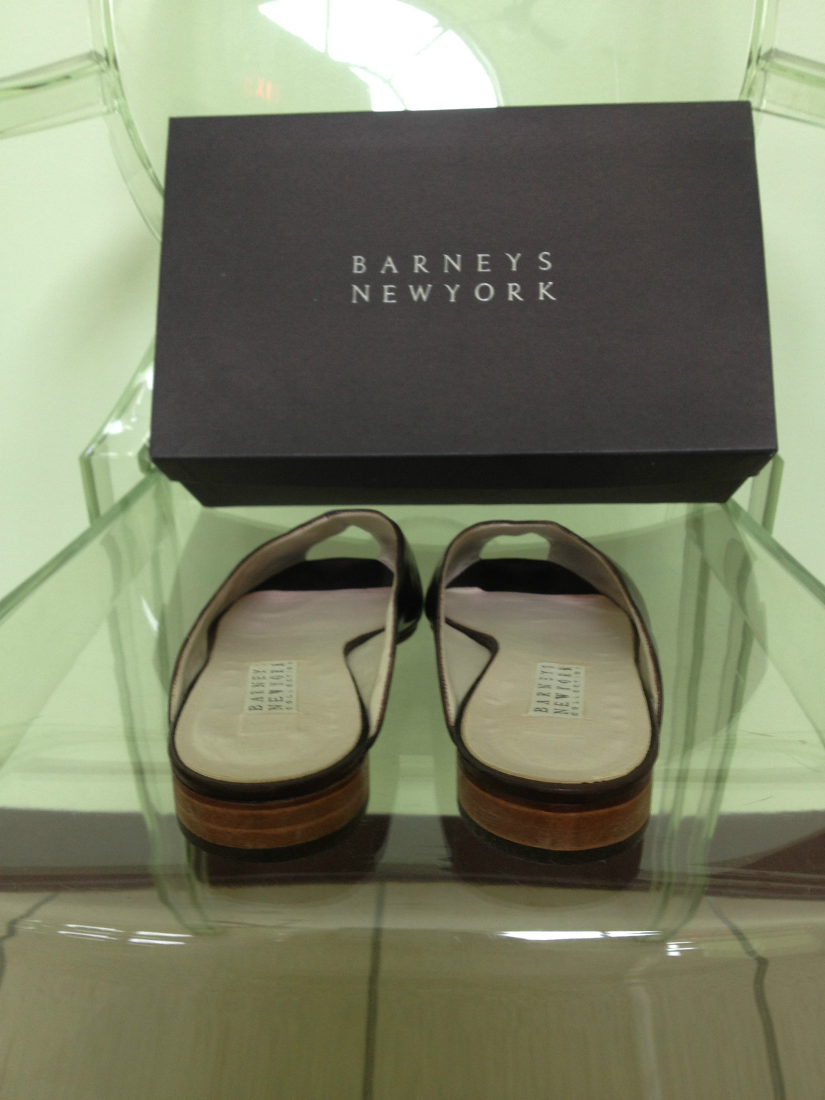 Women's Barneys New York Collection Brown Soft Leather Peep Toe Slides