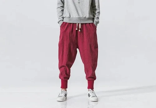 Lässige Herren Japanische Jogginghose Baumwolle Leinen Stretch Gummizug Hose Jogger - Bild 11 von 27
