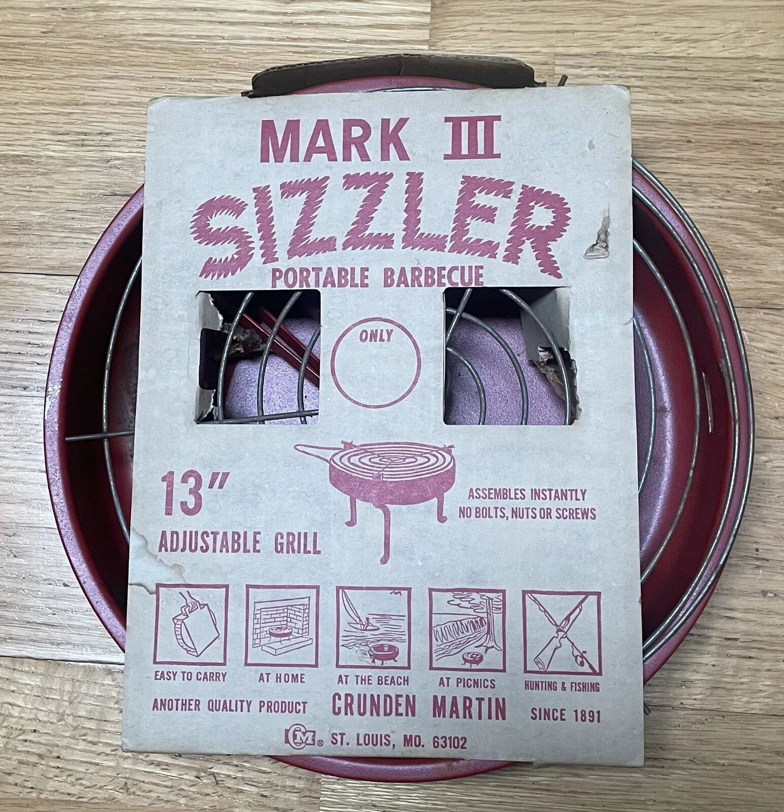 Vintage Mark III Sizzler Adjustable BBQ Portable Charcoal Grill 13" Original Box