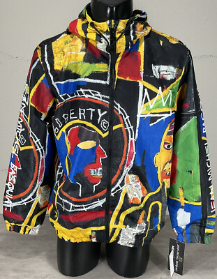 Jean Michel Basquiat Members Only Hooded Windbreaker Liberty Art Black  Med NWT