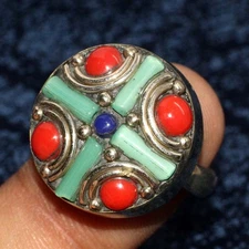 Nepali Tribal Tibetan Turquoise Red Coral Ring Jewelry Size US FreeSize GW