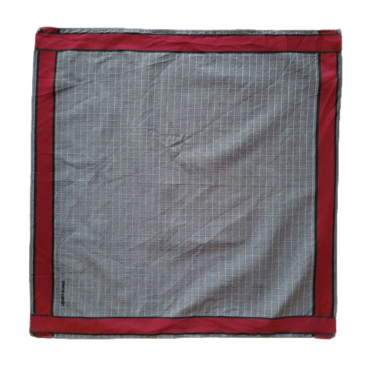 Cotton Handkerchief Pocket Square VTG Pierre Cardin Grey Check Red Border 18"