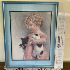 Vintage Framed Bessie Pease Gutmann Print Friendly Enemies 1937 GIRL DOG CAT 