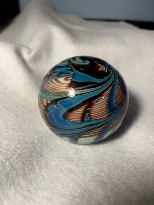 PAPER WEIGHT SIGNED SATAVA ART GLASS 1979 NICE SWERLY COLORS.