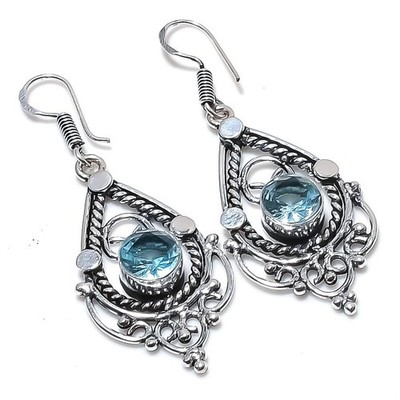 Aqua Aquamarine Gemstone Handmade 925 Sterling Silver Jewelry Earring Size 2''