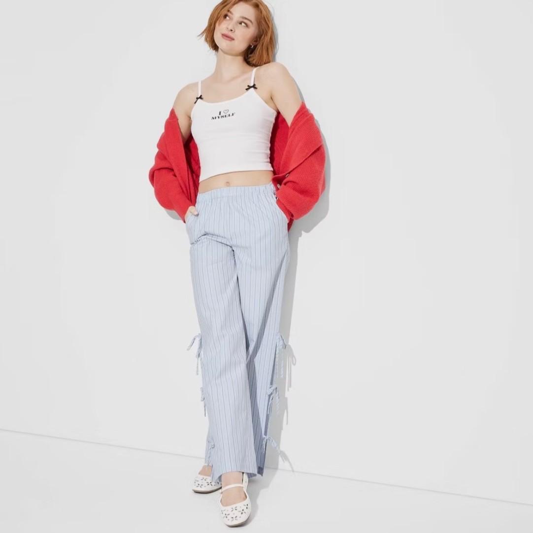 Women's High-Rise Side-Tie Relaxed Boxer Pants - Wild Fable Blue Stripe M  1825