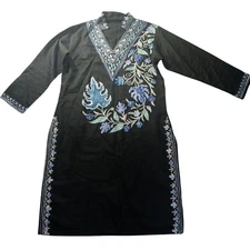 Handmade Embroidered Tunic Dress 38in Midi V-Neck Side Slits Fits M Cottagecore